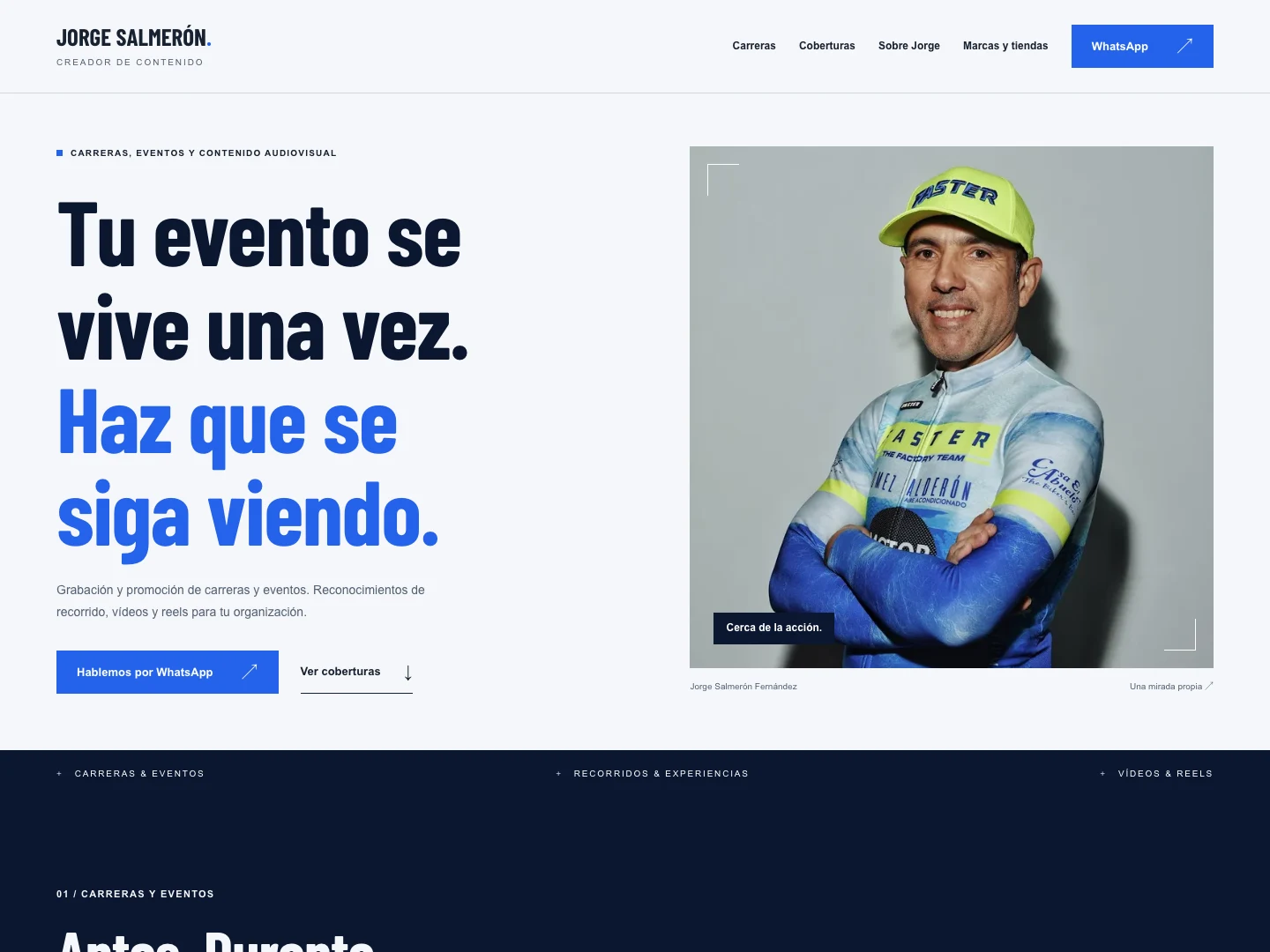 Página de inicio de Jorge Salmerón con su retrato y servicios de vídeo para eventos